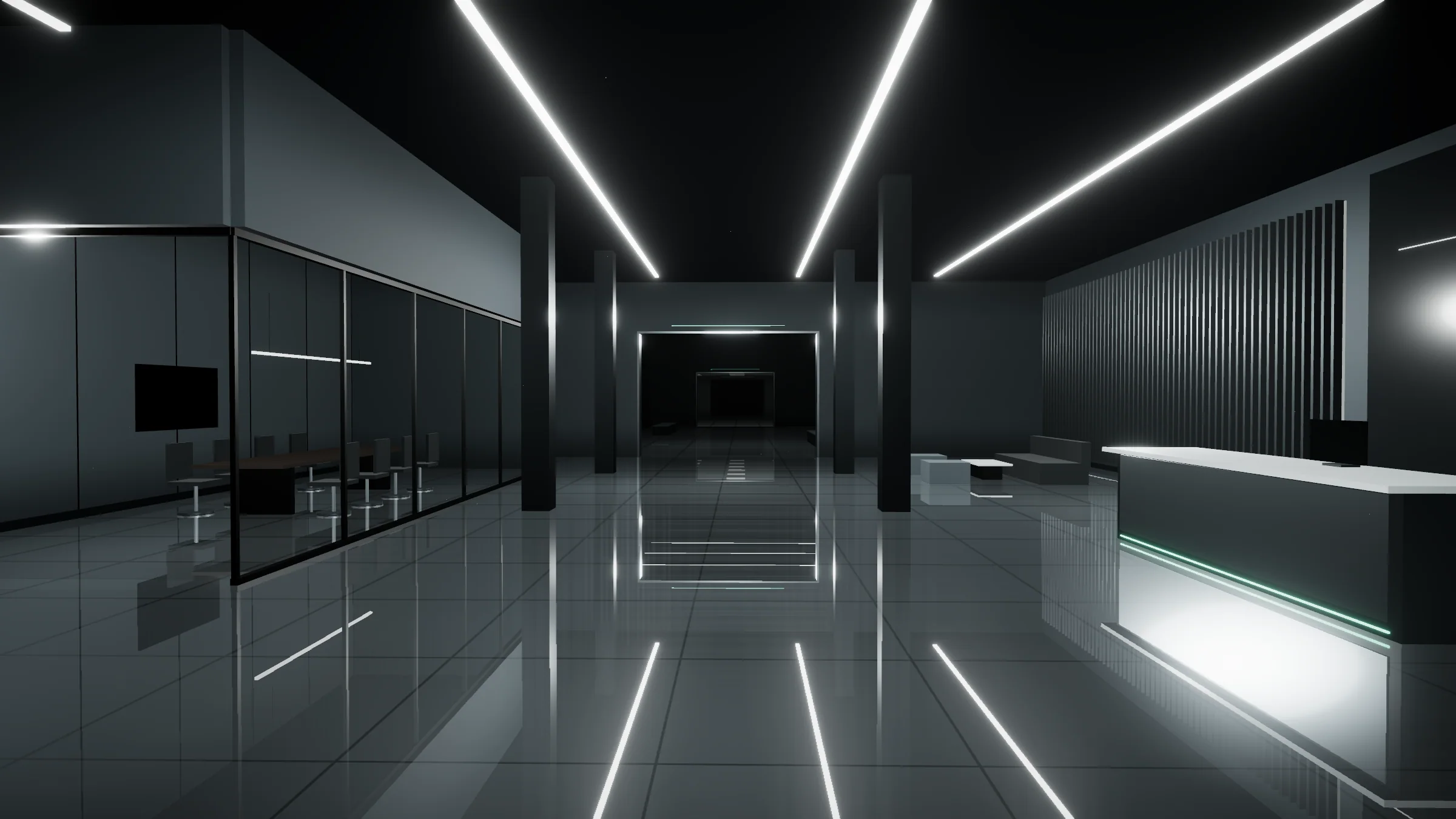 The same commercial lobby after Eco North service: glossy floor, clear glass, and bright lighting