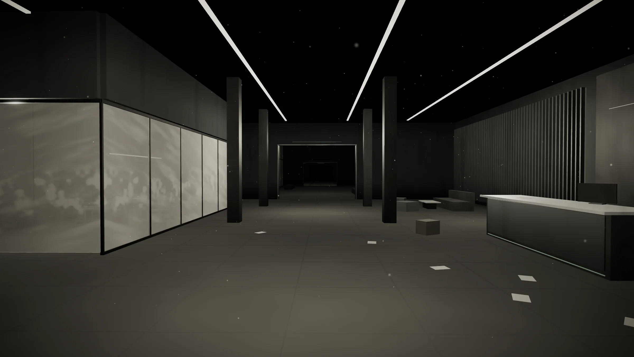 Commercial lobby before service: dull floor, hazy glass, and muted lighting